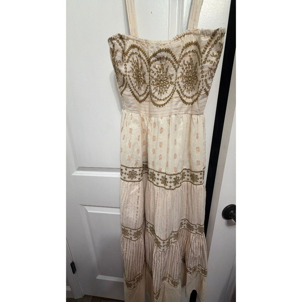 Cream Gold Embroidered Cotton Maxi Dress Medium